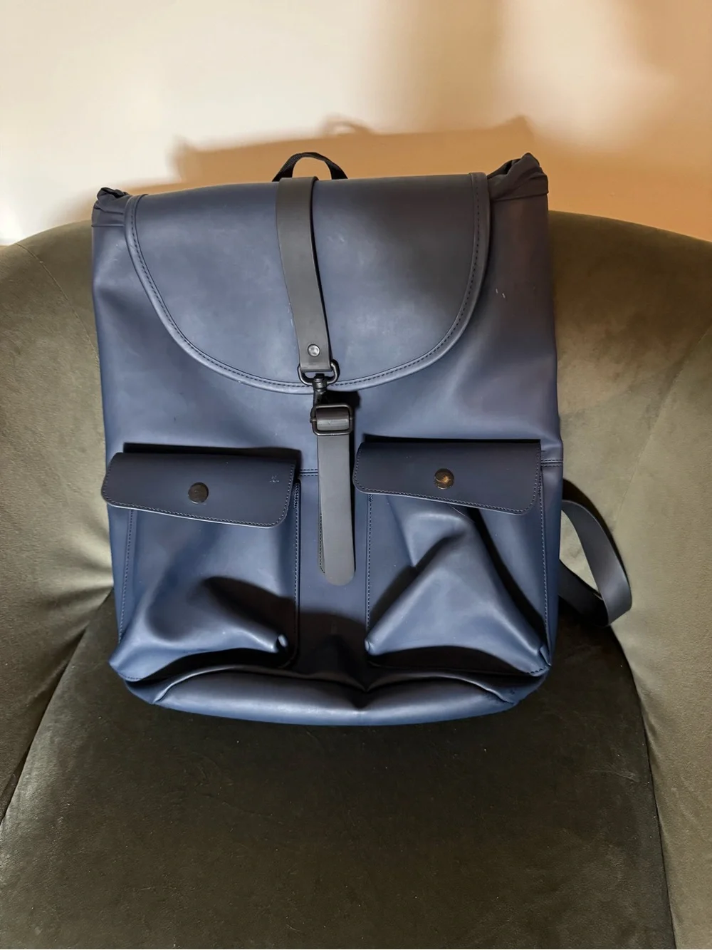 Rains Navy Blue Roll-Top Backpack with Front Pockets